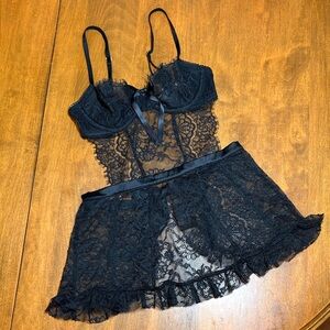 Victoria’s Secret Sheer Black Lace Babydoll with Satin Ribbon Waist Tie, XS